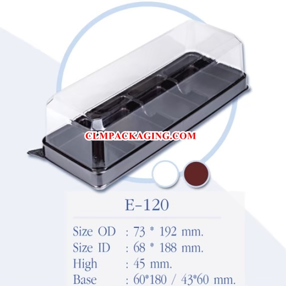 E120 กล่องเค้กพลาสติกE-120ฐานน้ำตาล โรล4ช่อง โรลชิ้น เค้ก4ชิ้น